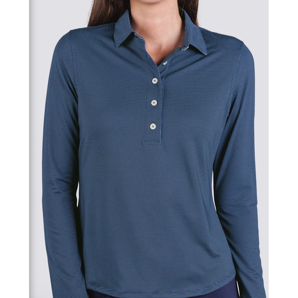 Turtleson Women's Edie Long Sleeve Performance Polo Medium Navy Polka Dot $120